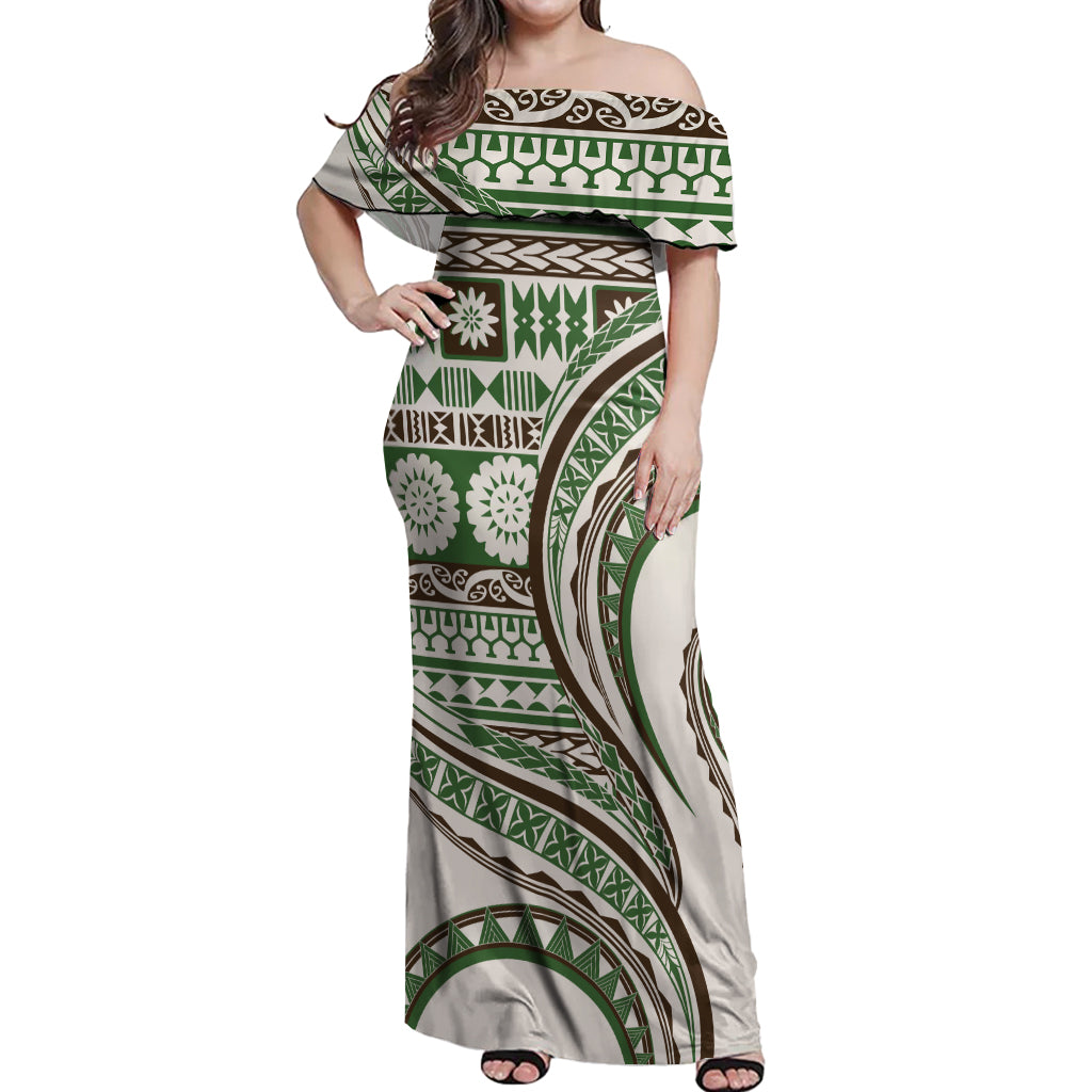 Hawaiian Hibiscus Tribal Vintage Motif Off Shoulder Maxi Dress Ver 7