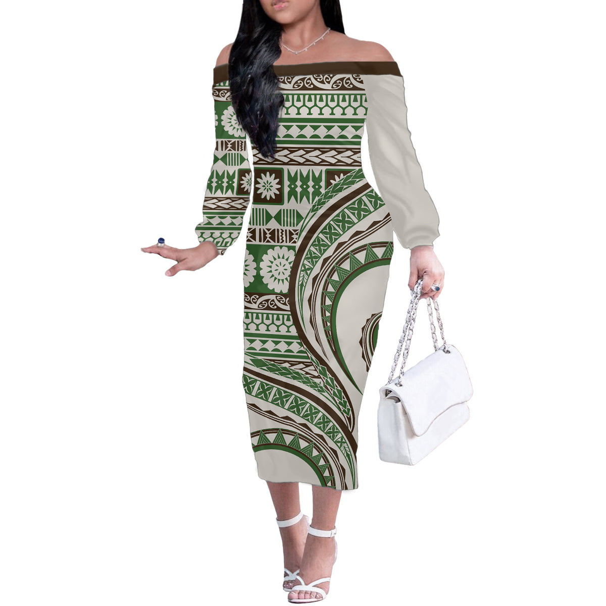 Hawaiian Hibiscus Tribal Vintage Motif Off The Shoulder Long Sleeve Dress Ver 7 LT9 Women Green - Polynesian Pride