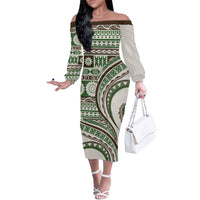Hawaiian Hibiscus Tribal Vintage Motif Off The Shoulder Long Sleeve Dress Ver 7 LT9 Women Green - Polynesian Pride