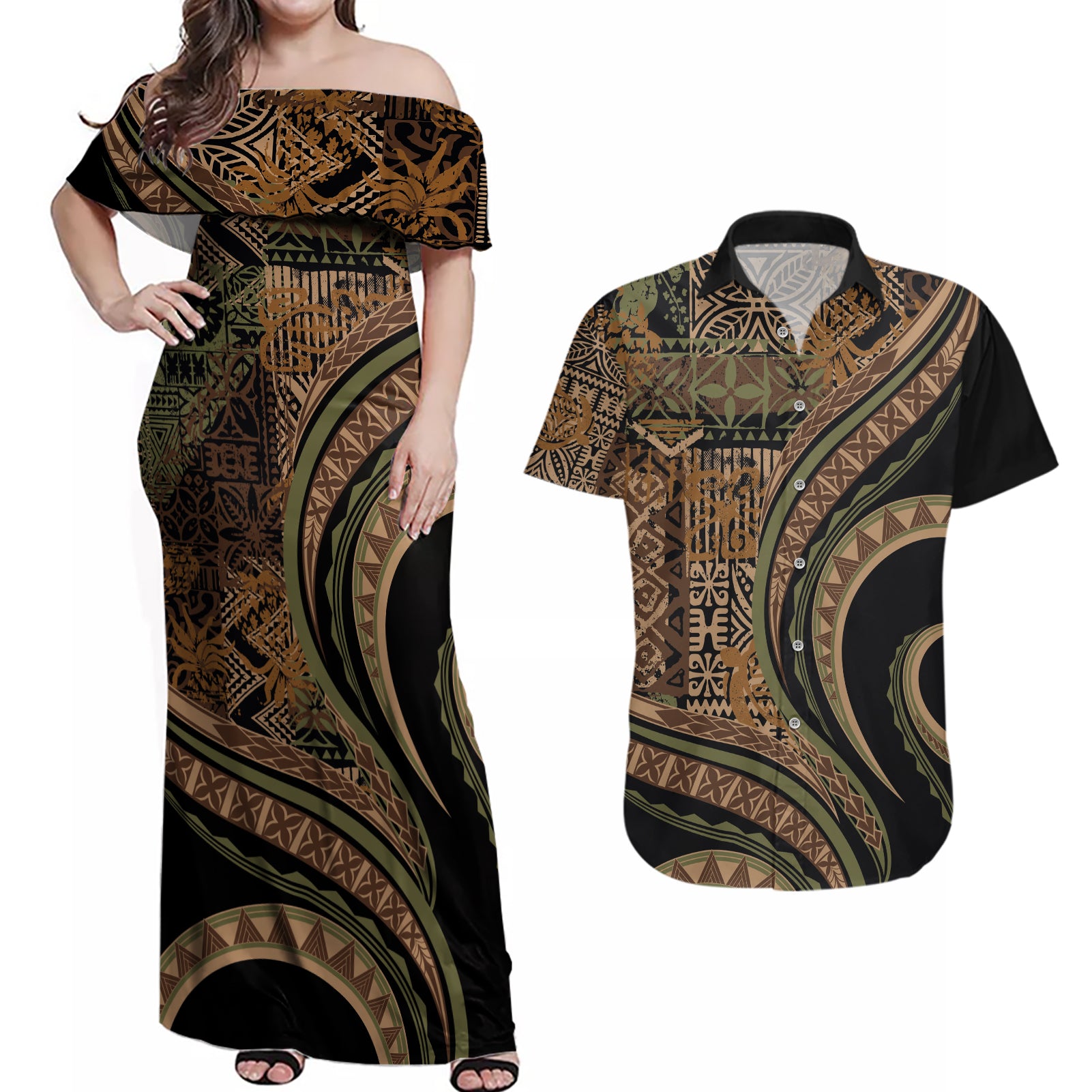 Hawaiian Hibiscus Tribal Vintage Motif Couples Matching Off Shoulder Maxi Dress and Hawaiian Shirt Ver 8