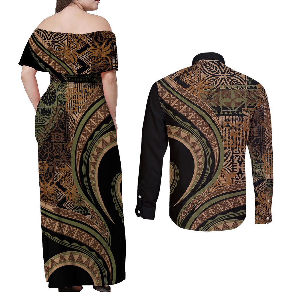 Hawaiian Hibiscus Tribal Vintage Motif Couples Matching Off Shoulder Maxi Dress and Long Sleeve Button Shirt Ver 8 LT9 - Polynesian Pride