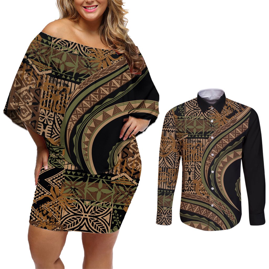 Hawaiian Hibiscus Tribal Vintage Motif Couples Matching Off Shoulder Short Dress and Long Sleeve Button Shirt Ver 8 LT9 Brown - Polynesian Pride