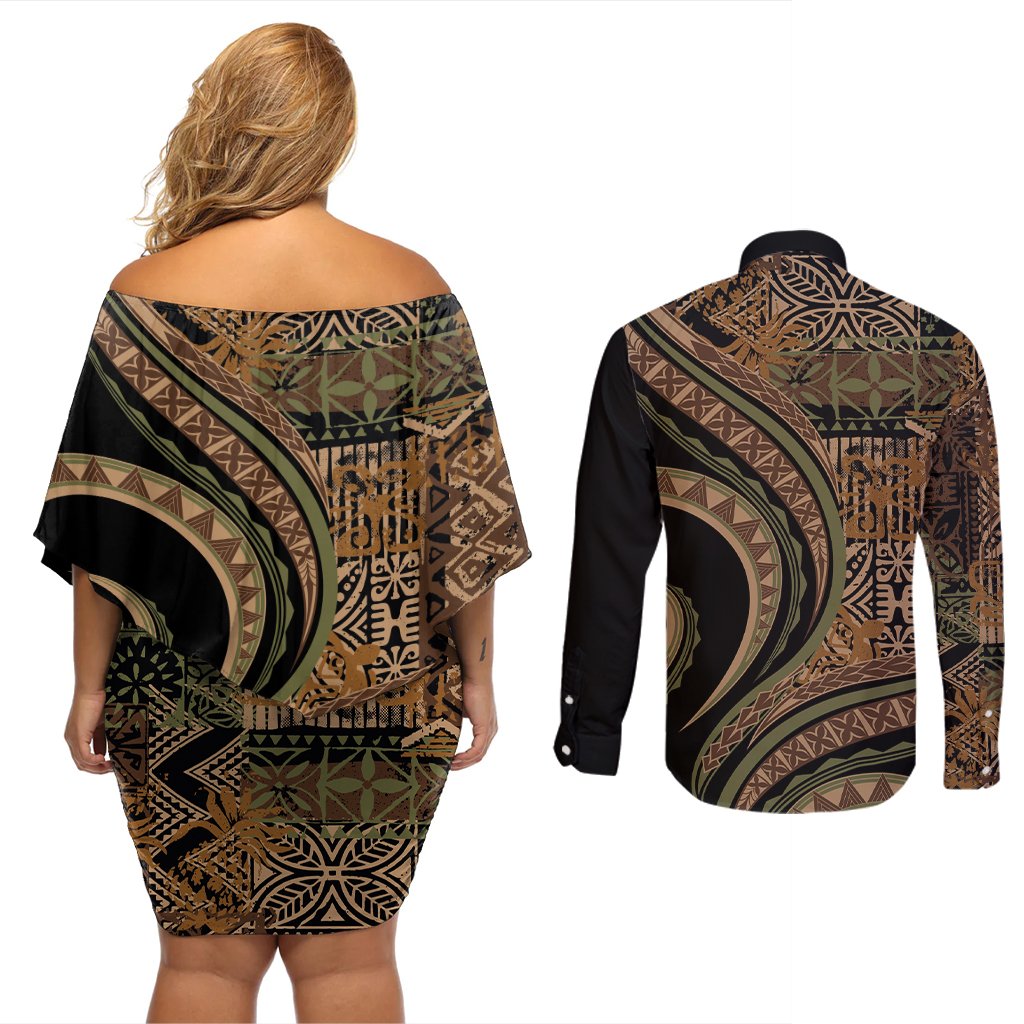 Hawaiian Hibiscus Tribal Vintage Motif Couples Matching Off Shoulder Short Dress and Long Sleeve Button Shirt Ver 8 LT9 - Polynesian Pride