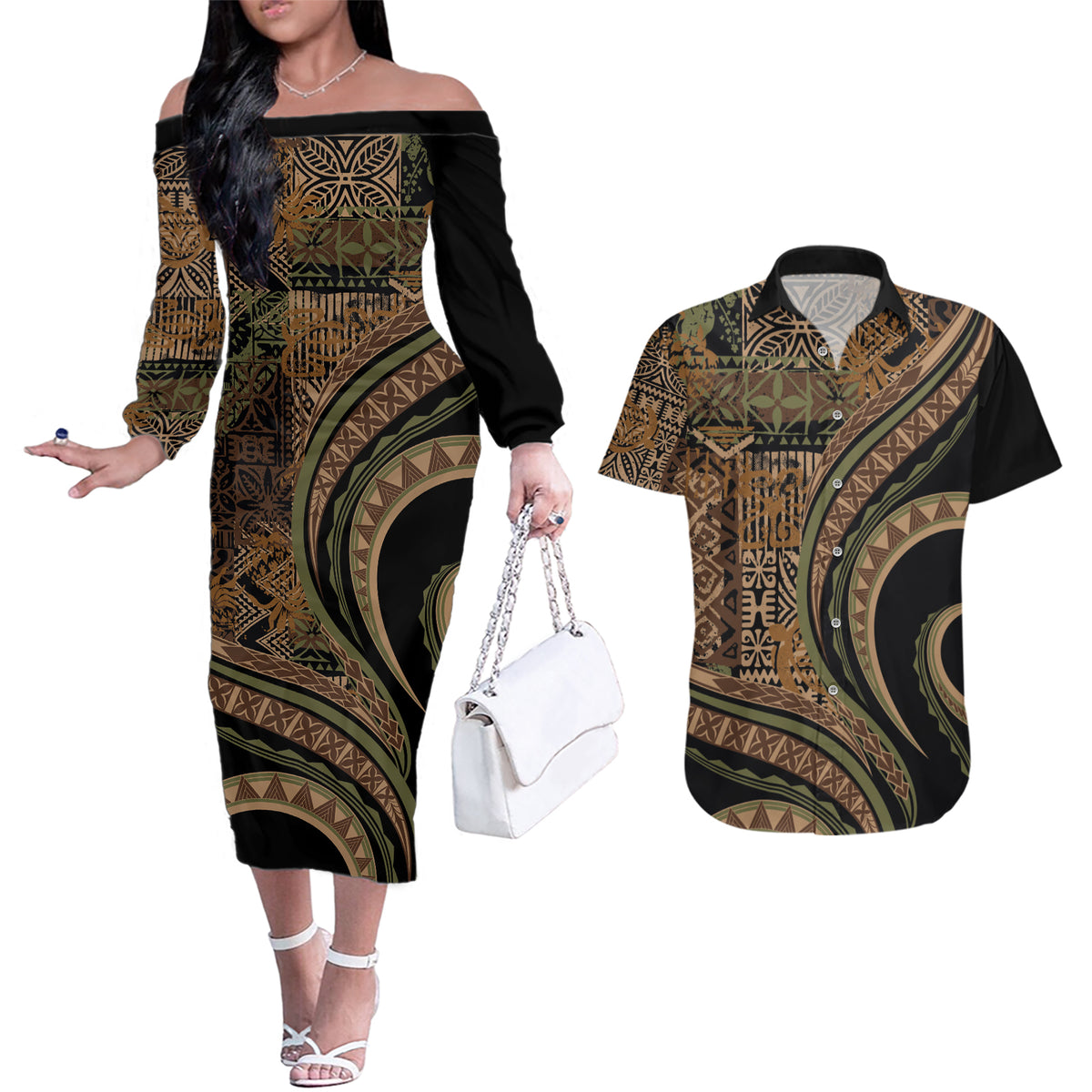 Hawaiian Hibiscus Tribal Vintage Motif Couples Matching Off The Shoulder Long Sleeve Dress and Hawaiian Shirt Ver 8