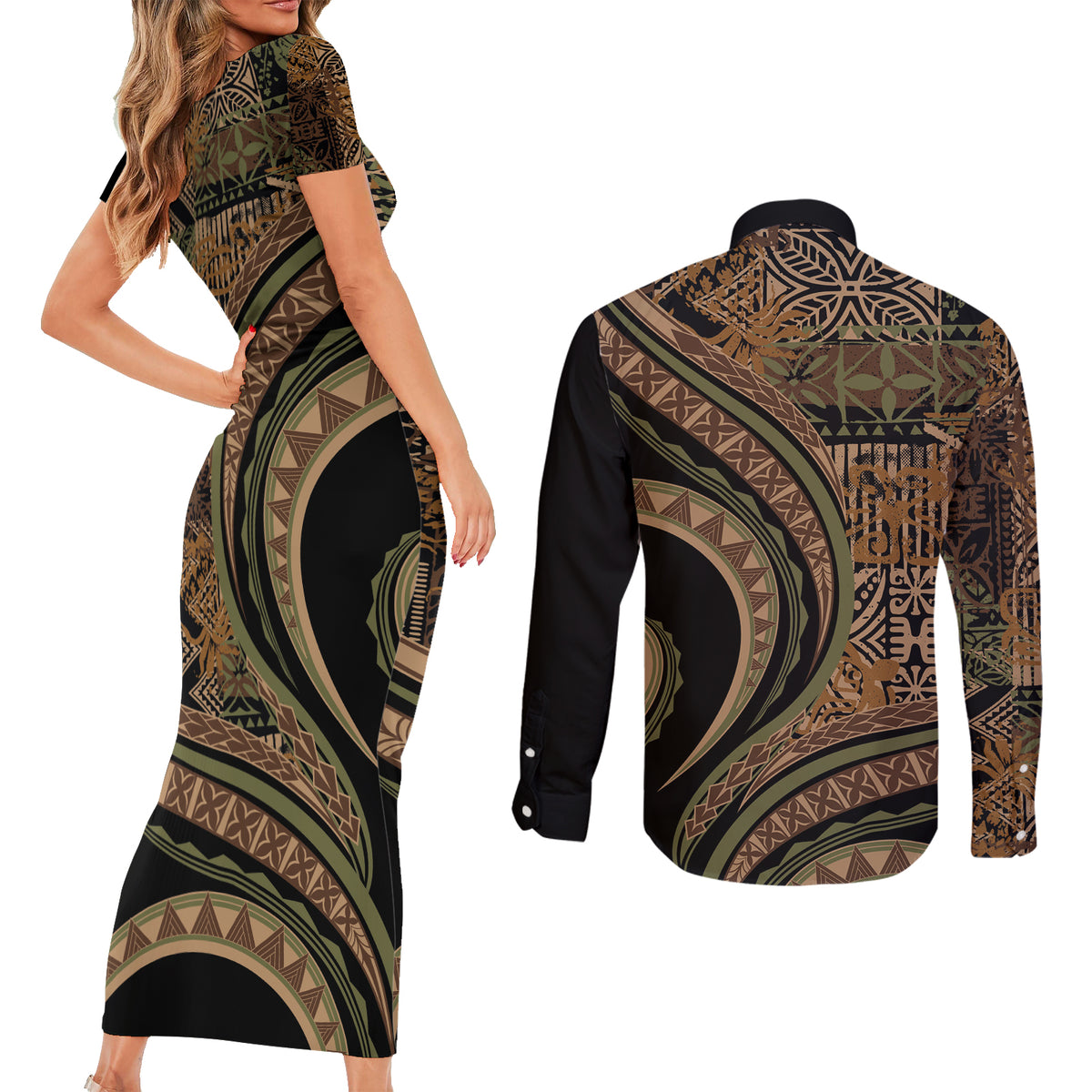 Hawaiian Hibiscus Tribal Vintage Motif Couples Matching Short Sleeve Bodycon Dress and Long Sleeve Button Shirt Ver 8