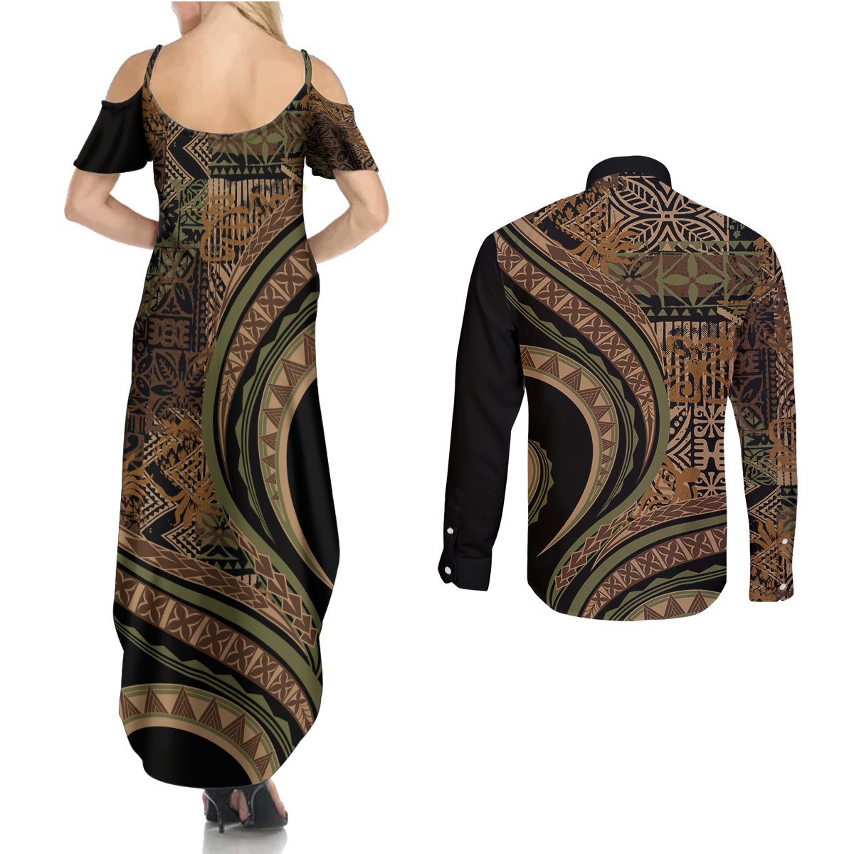 Hawaiian Hibiscus Tribal Vintage Motif Couples Matching Summer Maxi Dress and Long Sleeve Button Shirt Ver 8 LT9 - Polynesian Pride
