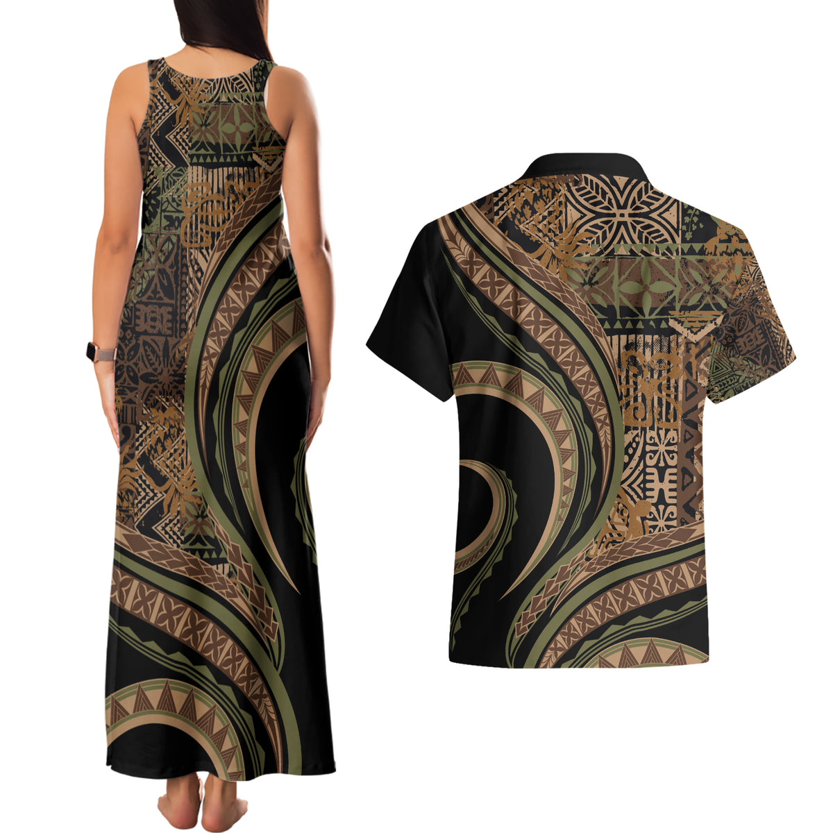 Hawaiian Hibiscus Tribal Vintage Motif Couples Matching Tank Maxi Dress and Hawaiian Shirt Ver 8