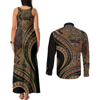 Hawaiian Hibiscus Tribal Vintage Motif Couples Matching Tank Maxi Dress and Long Sleeve Button Shirt Ver 8 LT9 - Polynesian Pride