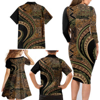 Hawaiian Hibiscus Tribal Vintage Motif Family Matching Long Sleeve Bodycon Dress and Hawaiian Shirt Ver 8