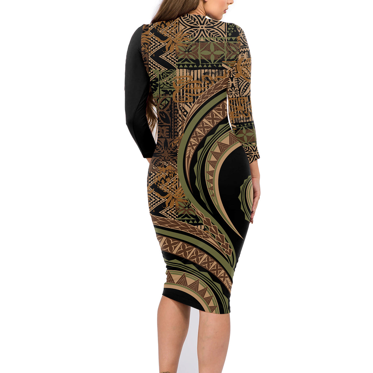 Hawaiian Hibiscus Tribal Vintage Motif Family Matching Long Sleeve Bodycon Dress and Hawaiian Shirt Ver 8