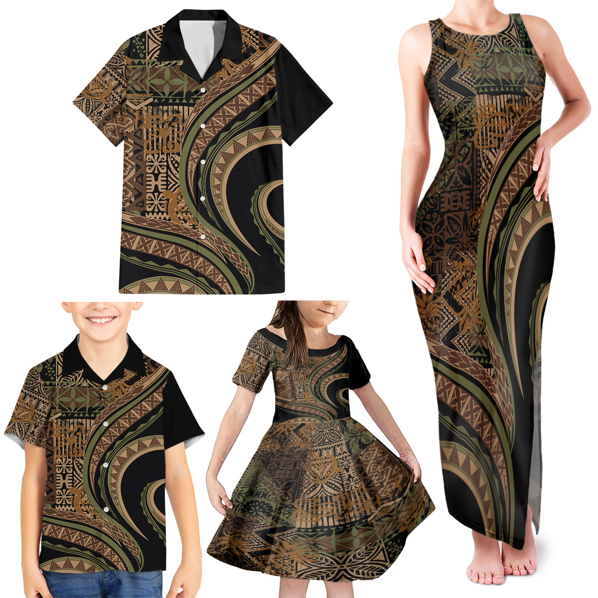 Hawaiian Hibiscus Tribal Vintage Motif Family Matching Tank Maxi Dress and Hawaiian Shirt Ver 8