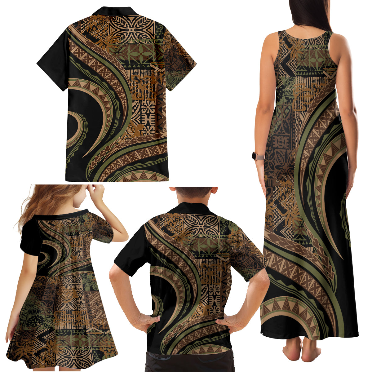 Hawaiian Hibiscus Tribal Vintage Motif Family Matching Tank Maxi Dress and Hawaiian Shirt Ver 8