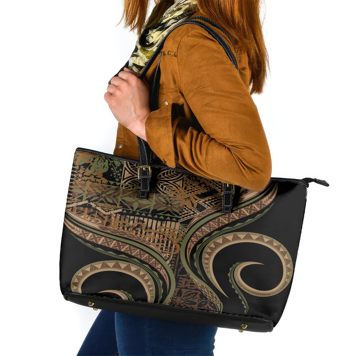 Hawaiian Hibiscus Tribal Vintage Motif Leather Tote Bag Ver 8 LT9 Brown - Polynesian Pride