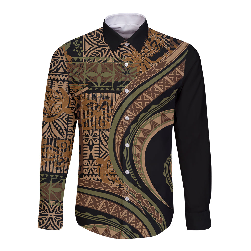 Hawaiian Hibiscus Tribal Vintage Motif Long Sleeve Button Shirt Ver 8