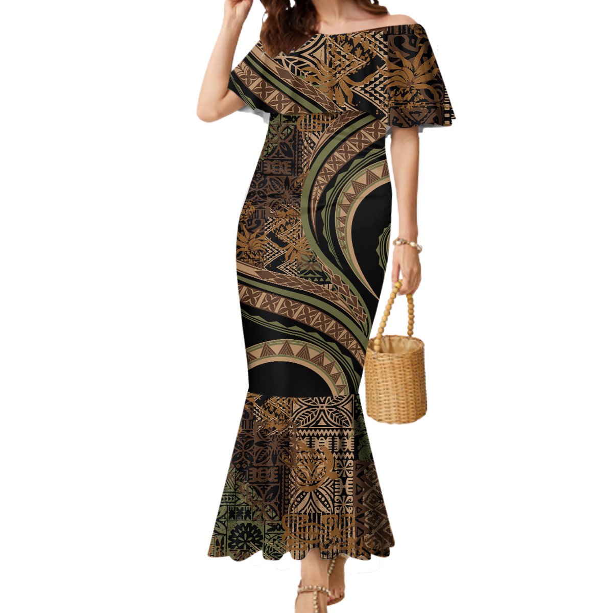 Hawaiian Hibiscus Tribal Vintage Motif Mermaid Dress Ver 8 LT9 Women Brown - Polynesian Pride