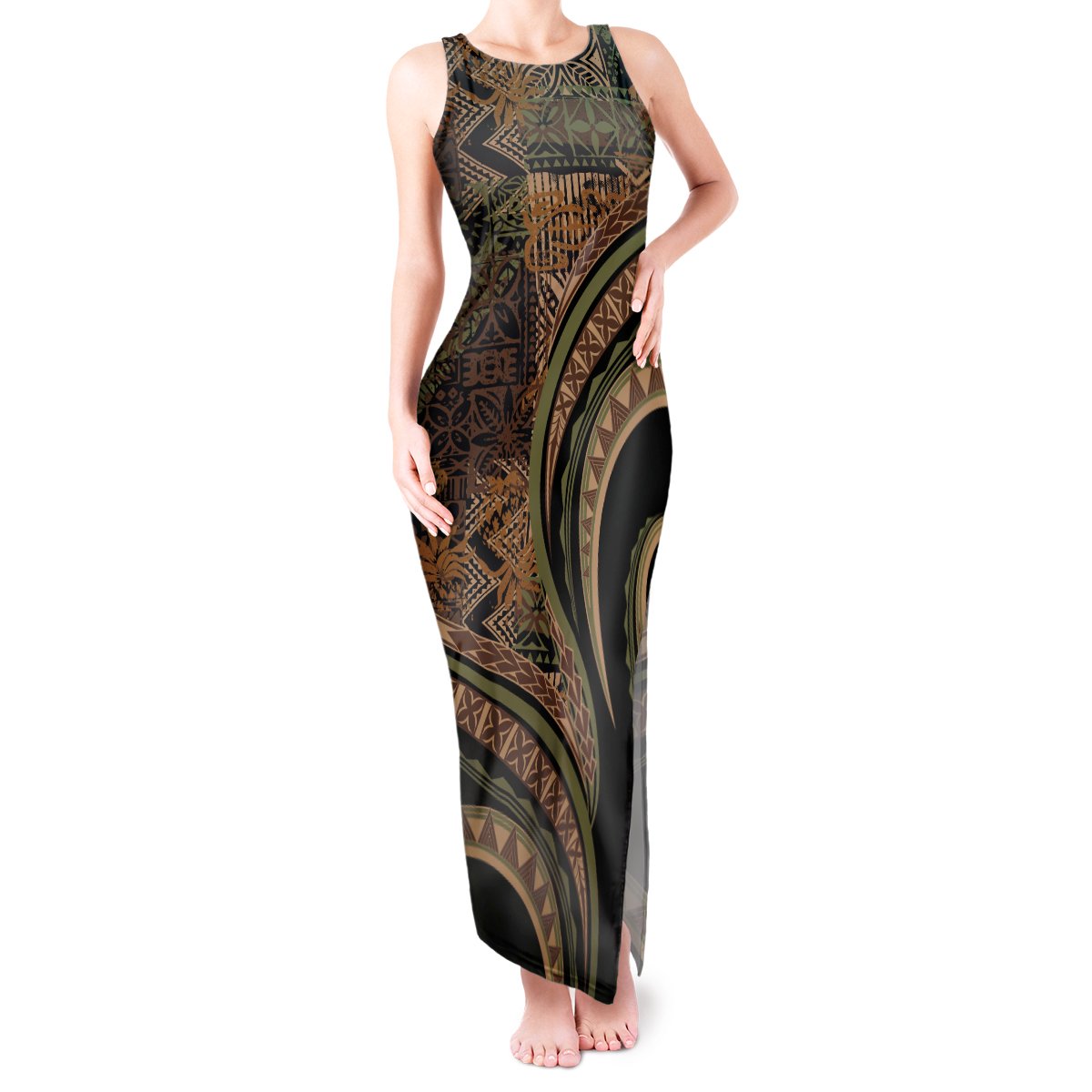 Hawaiian Hibiscus Tribal Vintage Motif Tank Maxi Dress Ver 8 LT9 Women Brown - Polynesian Pride