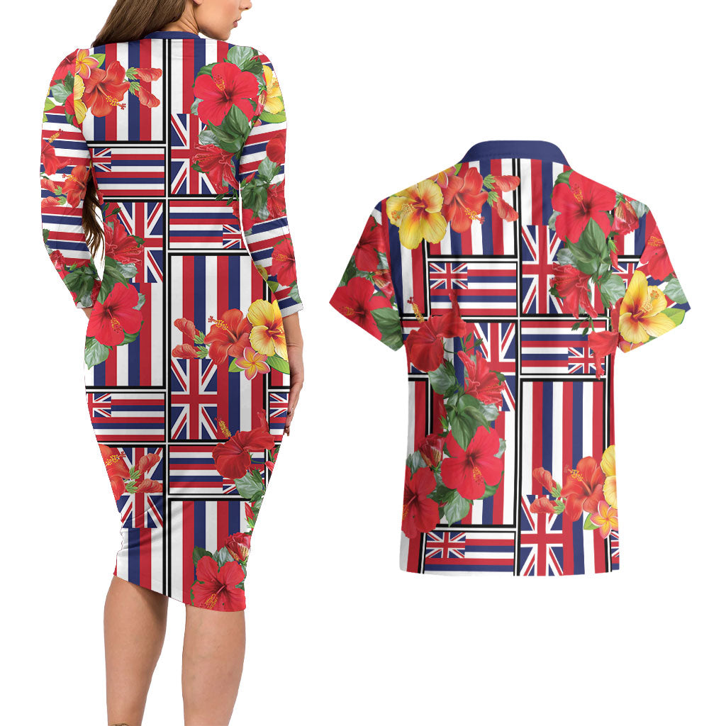 Hawaii Hibiscus Lei Couples Matching Long Sleeve Bodycon Dress and Hawaiian Shirt Hawaiian Flag Motif LT9 - Polynesian Pride