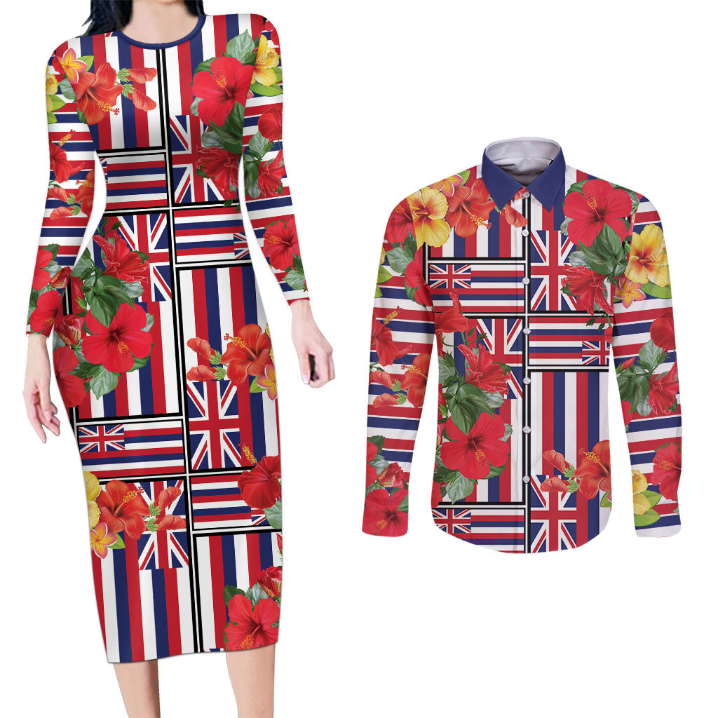 Hawaii Hibiscus Lei Couples Matching Long Sleeve Bodycon Dress and Long Sleeve Button Shirt Hawaiian Flag Motif LT9 Red - Polynesian Pride