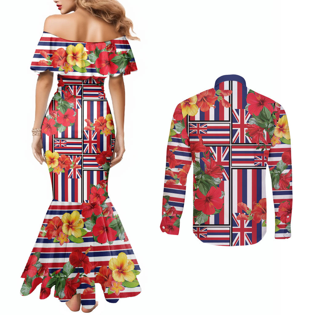 Hawaii Hibiscus Lei Couples Matching Mermaid Dress and Long Sleeve Button Shirt Hawaiian Flag Motif LT9 - Polynesian Pride