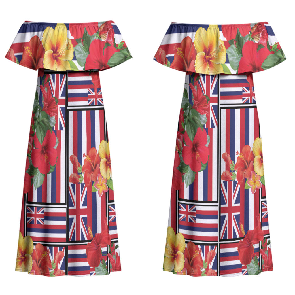 Hawaii Hibiscus Lei Couples Matching Off Shoulder Maxi Dress and Hawaiian Shirt Hawaiian Flag Motif LT9 - Polynesian Pride