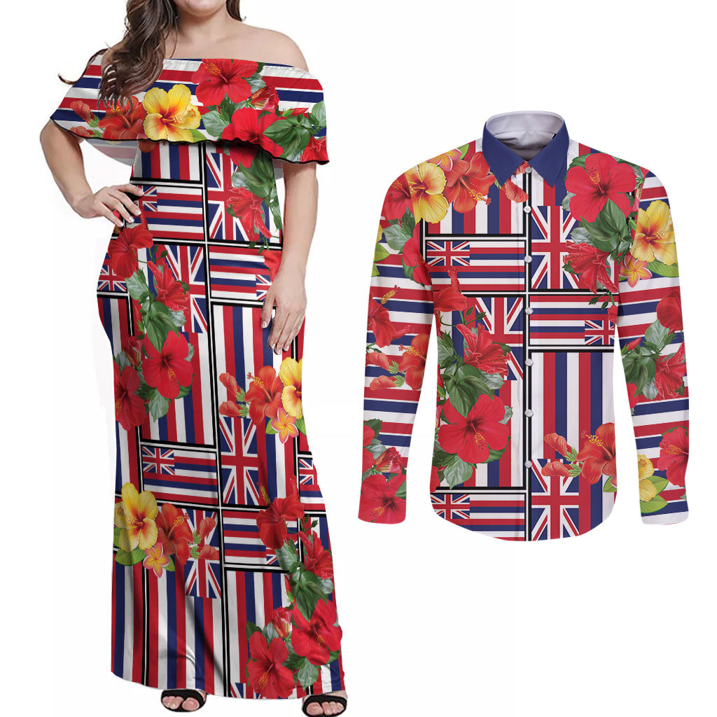 Hawaii Hibiscus Lei Couples Matching Off Shoulder Maxi Dress and Long Sleeve Button Shirt Hawaiian Flag Motif LT9 Red - Polynesian Pride