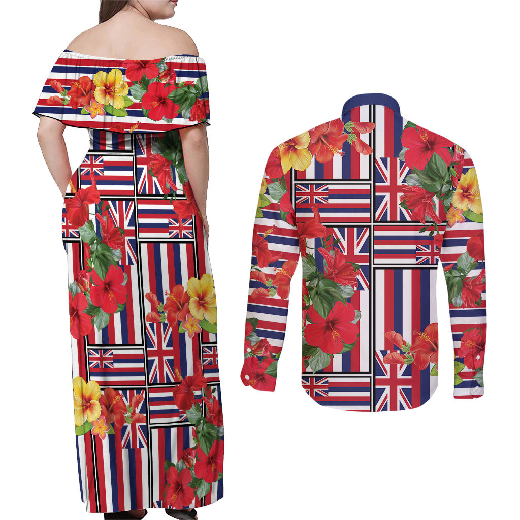 Hawaii Hibiscus Lei Couples Matching Off Shoulder Maxi Dress and Long Sleeve Button Shirt Hawaiian Flag Motif LT9 - Polynesian Pride