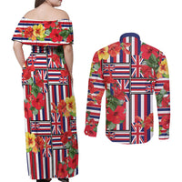 Hawaii Hibiscus Lei Couples Matching Off Shoulder Maxi Dress and Long Sleeve Button Shirt Hawaiian Flag Motif LT9 - Polynesian Pride