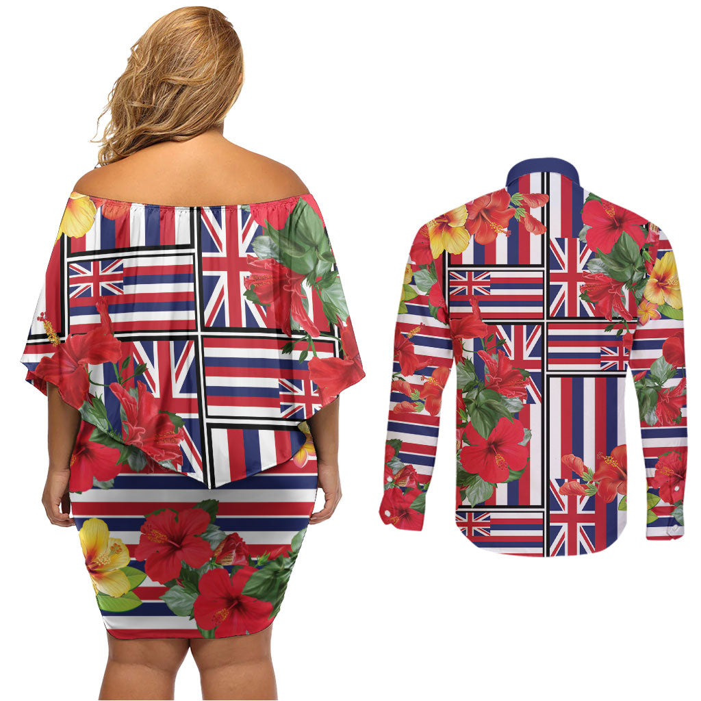 Hawaii Hibiscus Lei Couples Matching Off Shoulder Short Dress and Long Sleeve Button Shirt Hawaiian Flag Motif LT9 - Polynesian Pride