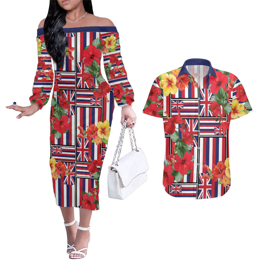 Hawaii Hibiscus Lei Couples Matching Off The Shoulder Long Sleeve Dress and Hawaiian Shirt Hawaiian Flag Motif LT9 Red - Polynesian Pride
