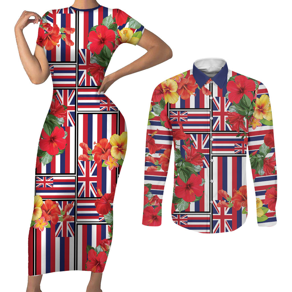 Hawaii Hibiscus Lei Couples Matching Short Sleeve Bodycon Dress and Long Sleeve Button Shirt Hawaiian Flag Motif LT9 Red - Polynesian Pride
