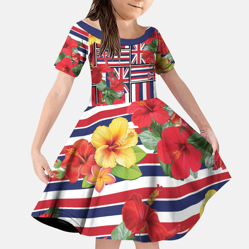 Hawaii Hibiscus Lei Family Matching Mermaid Dress and Hawaiian Shirt Hawaiian Flag Motif LT9 Daughter's Dress Red - Polynesian Pride