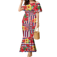 Hawaii Hibiscus Lei Family Matching Mermaid Dress and Hawaiian Shirt Hawaiian Flag Motif LT9 Mom's Dress Red - Polynesian Pride