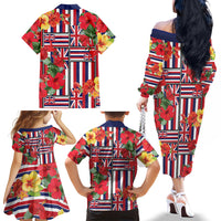 Hawaii Hibiscus Lei Family Matching Off The Shoulder Long Sleeve Dress and Hawaiian Shirt Hawaiian Flag Motif LT9 - Polynesian Pride