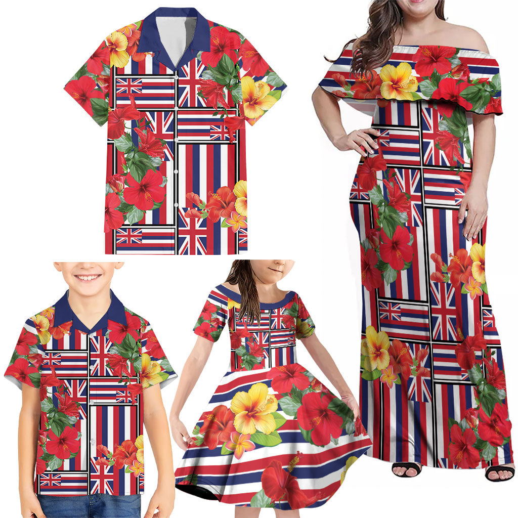 Hawaii Hibiscus Lei Family Matching Off Shoulder Maxi Dress and Hawaiian Shirt Hawaiian Flag Motif