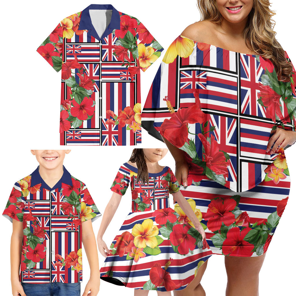 Hawaii Hibiscus Lei Family Matching Off Shoulder Short Dress and Hawaiian Shirt Hawaiian Flag Motif
