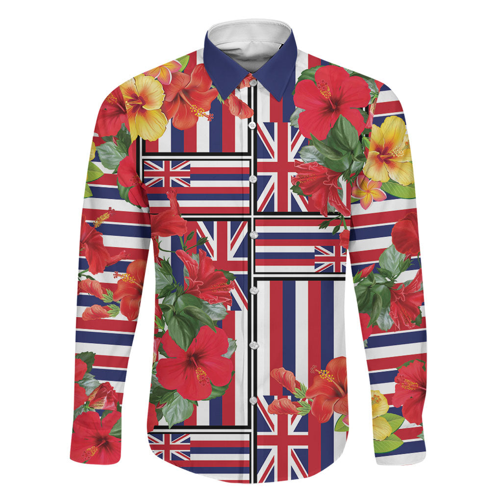 Hawaii Hibiscus Lei Family Matching Summer Maxi Dress and Hawaiian Shirt Hawaiian Flag Motif LT9 Dad's Shirt - Long Sleeve Red - Polynesian Pride