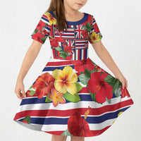 Hawaii Hibiscus Lei Kid Short Sleeve Dress Hawaiian Flag Motif LT9 KID Red - Polynesian Pride