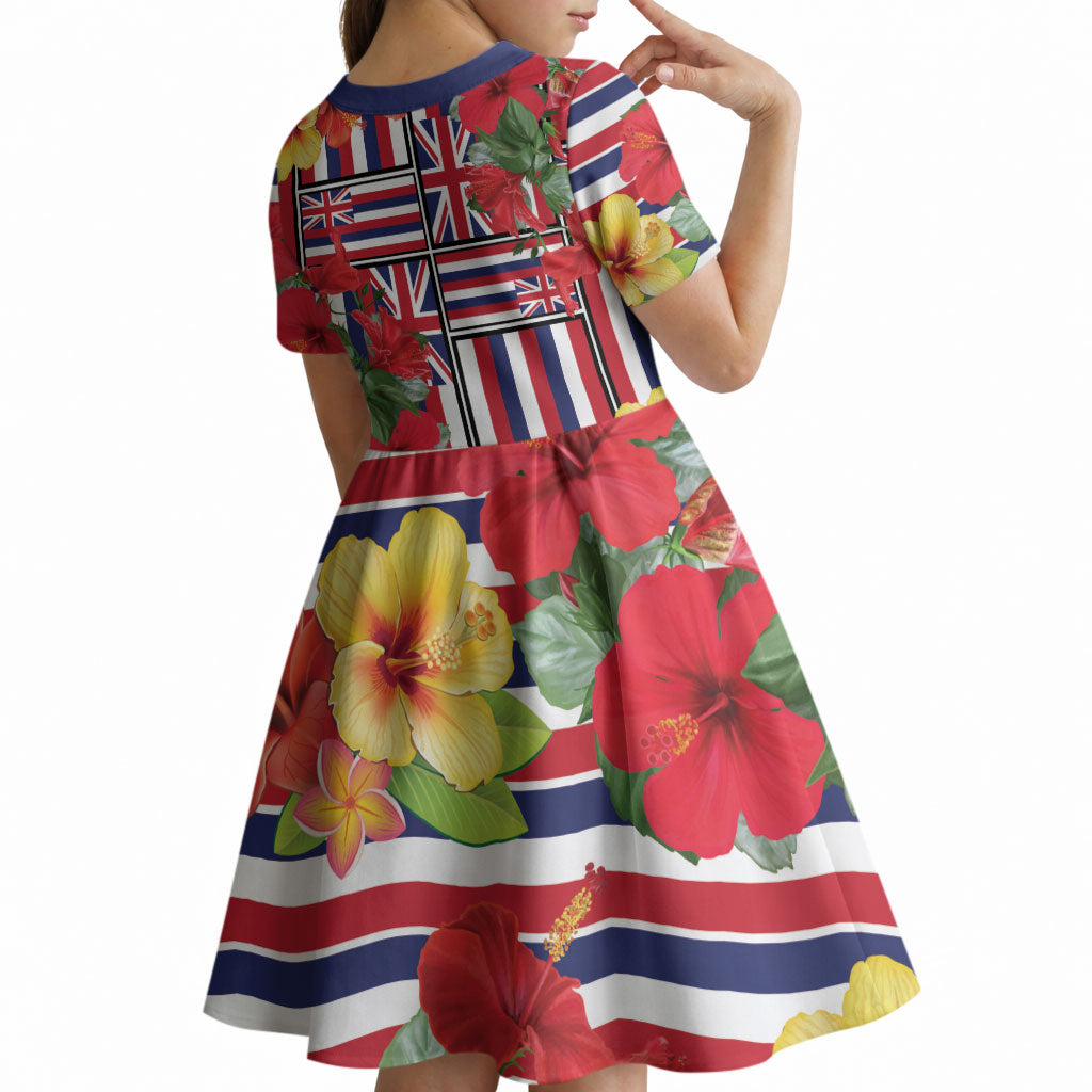 Hawaii Hibiscus Lei Kid Short Sleeve Dress Hawaiian Flag Motif LT9 - Polynesian Pride