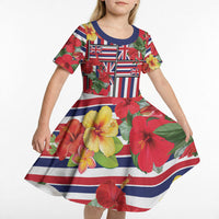 Hawaii Hibiscus Lei Kid Short Sleeve Dress Hawaiian Flag Motif LT9 - Polynesian Pride