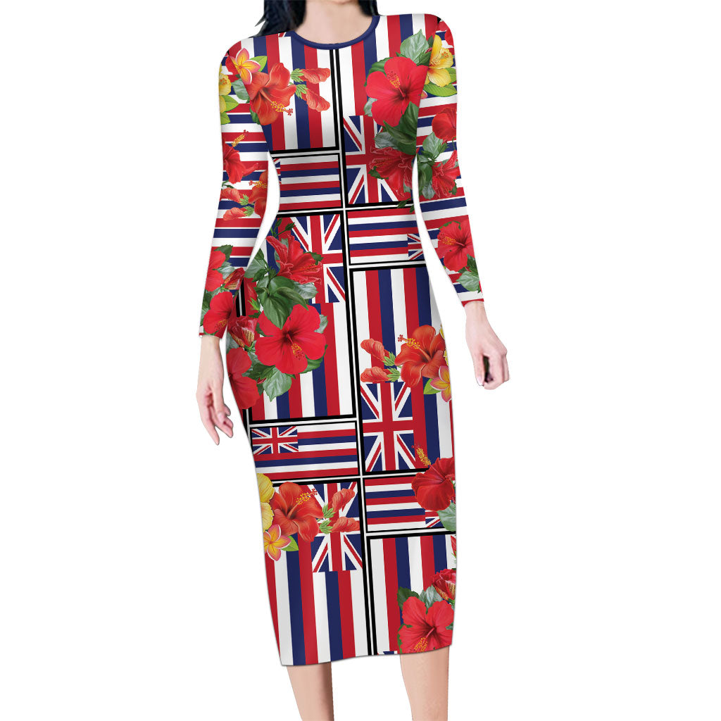 Hawaii Hibiscus Lei Long Sleeve Bodycon Dress Hawaiian Flag Motif
