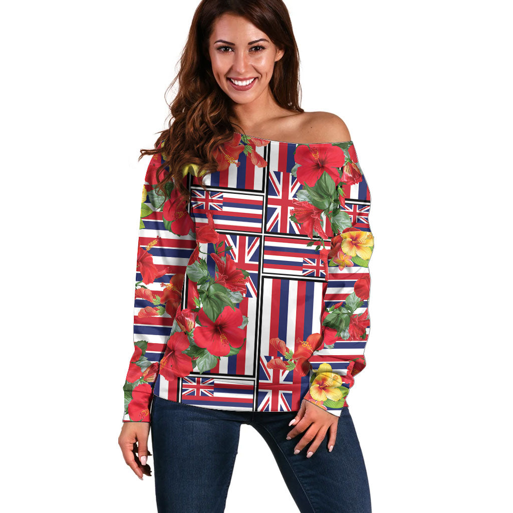 Hawaii Hibiscus Lei Off Shoulder Sweater Hawaiian Flag Motif