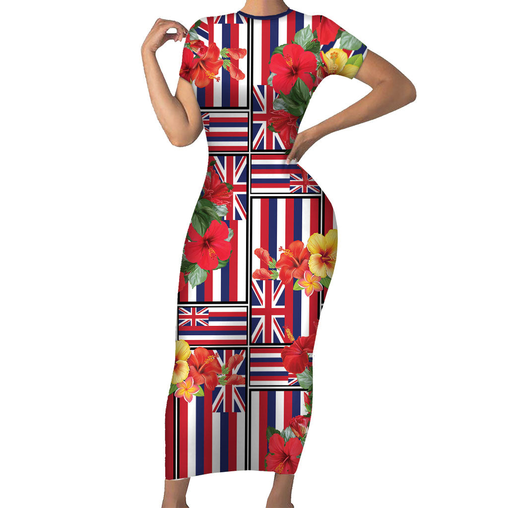 Hawaii Hibiscus Lei Short Sleeve Bodycon Dress Hawaiian Flag Motif