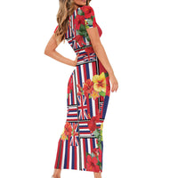 Hawaii Hibiscus Lei Short Sleeve Bodycon Dress Hawaiian Flag Motif