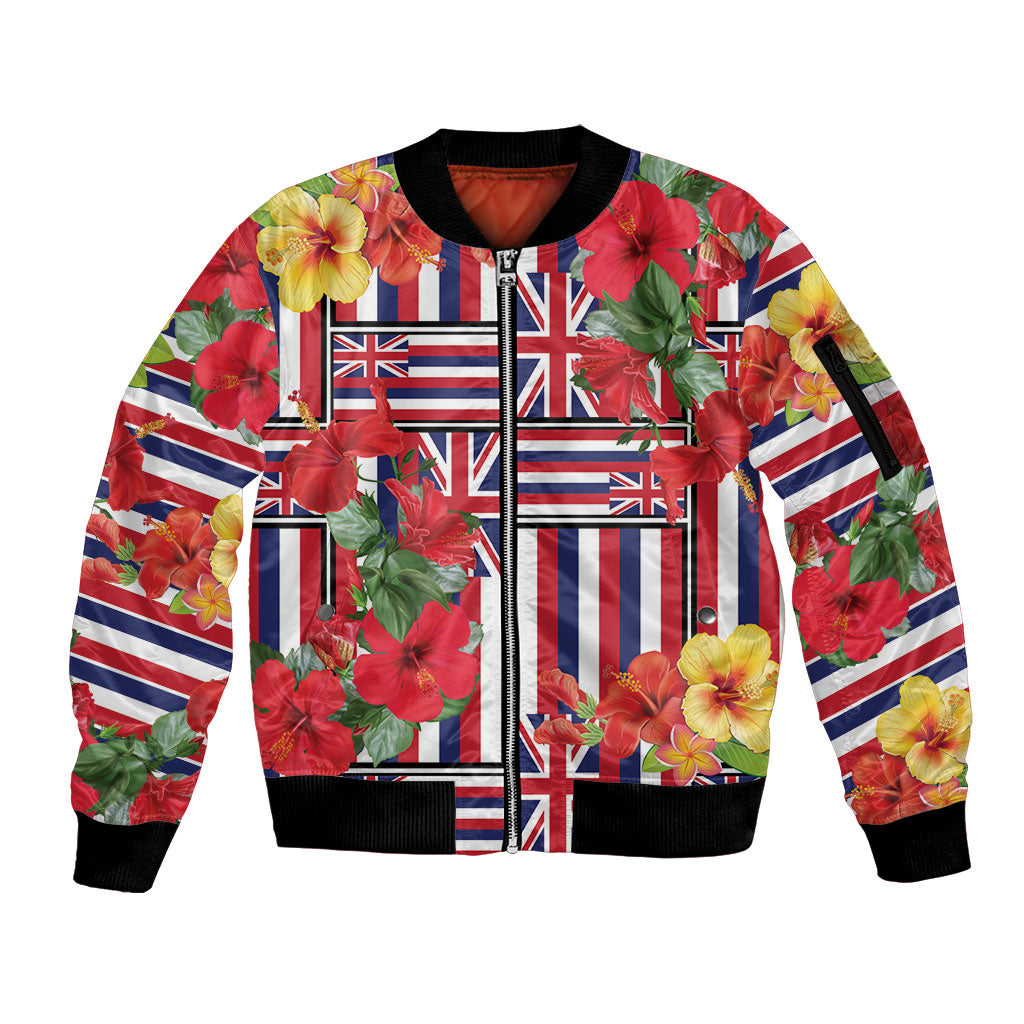 Hawaii Hibiscus Lei Sleeve Zip Bomber Jacket Hawaiian Flag Motif