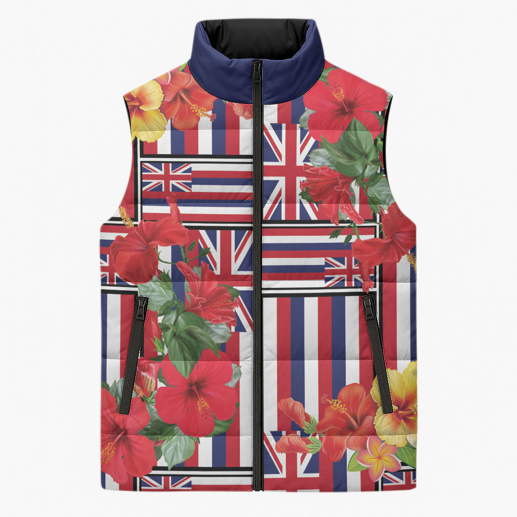 Hawaii Hibiscus Lei Sleeveless Puffer Jacket Hawaiian Flag Motif