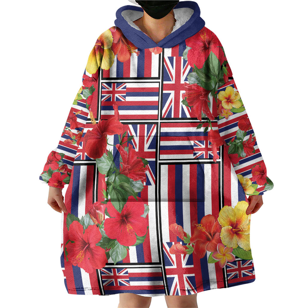 Hawaii Hibiscus Lei Wearable Blanket Hoodie Hawaiian Flag Motif