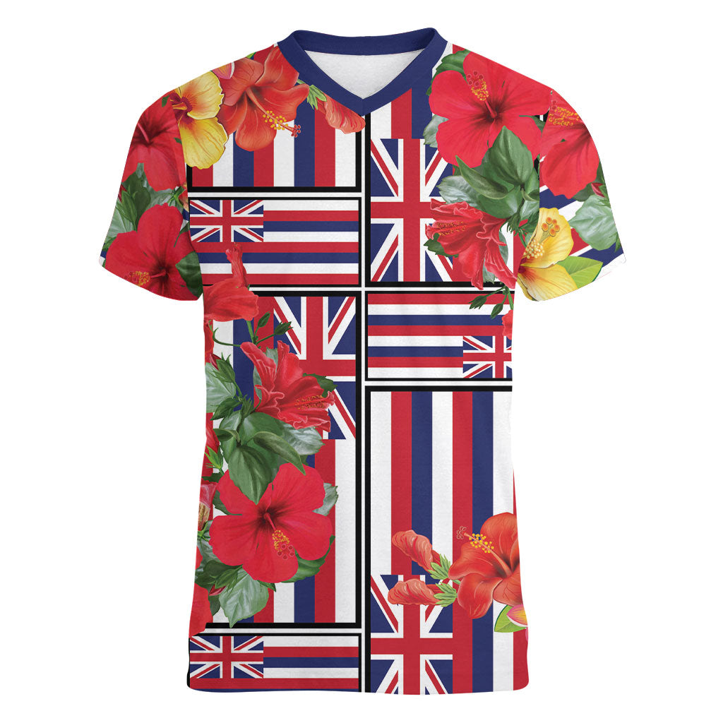 Hawaii Hibiscus Lei Women V-Neck T-Shirt Hawaiian Flag Motif LT9 Female Red - Polynesian Pride