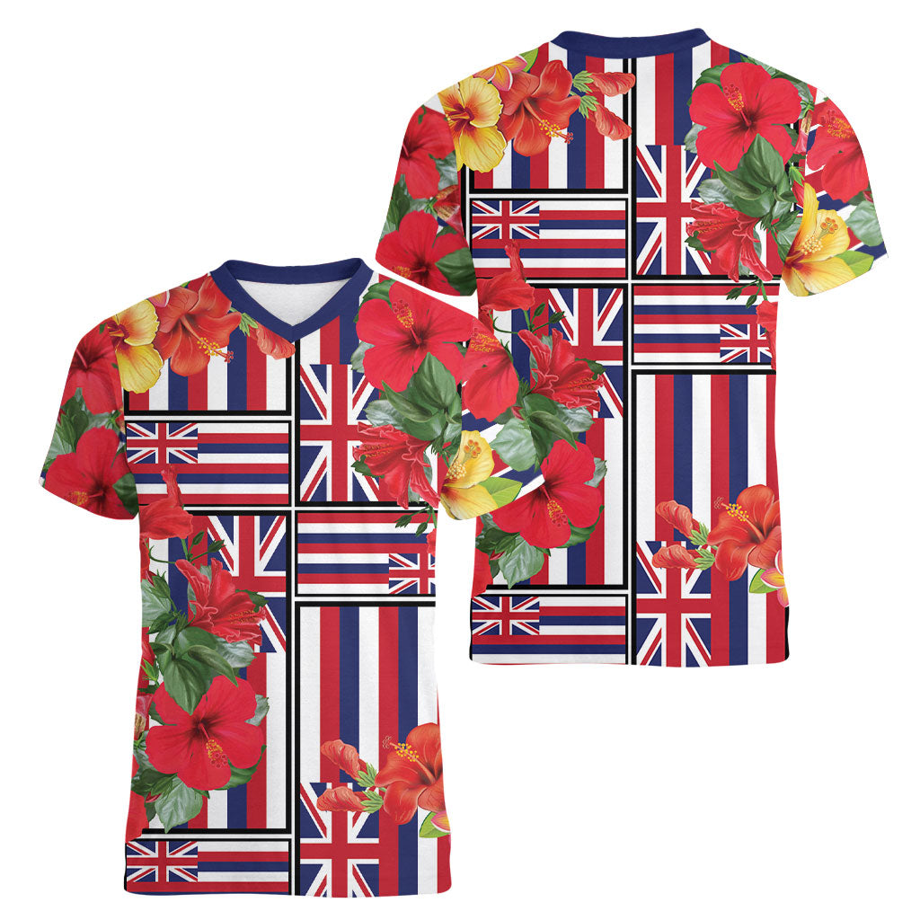 Hawaii Hibiscus Lei Women V-Neck T-Shirt Hawaiian Flag Motif LT9 - Polynesian Pride