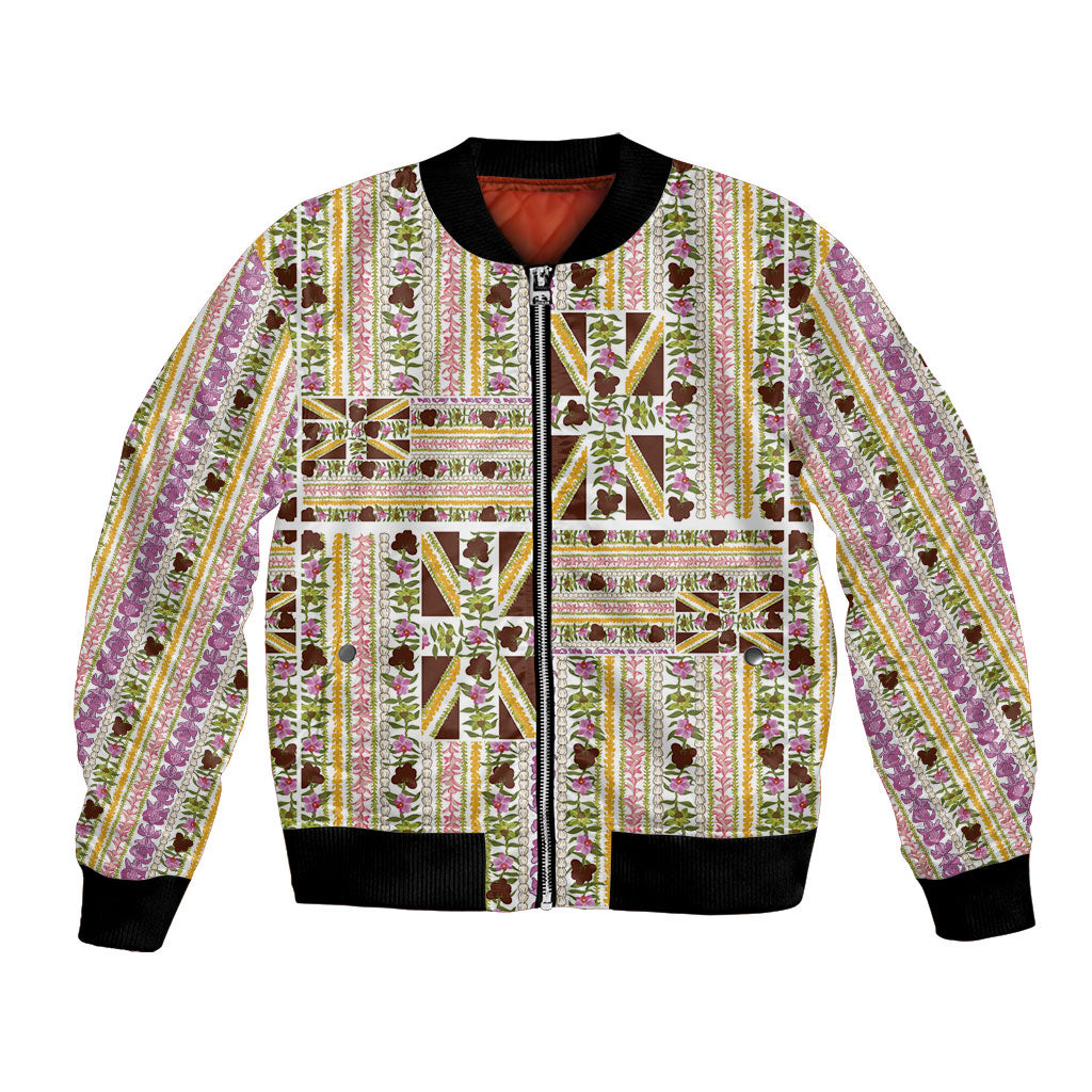 Hawaii Lokelani Pikake Lei Bomber Jacket Hawaiian Flag Motif