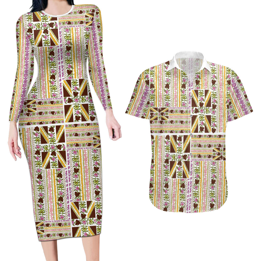 Hawaii Lokelani Pikake Lei Couples Matching Long Sleeve Bodycon Dress and Hawaiian Shirt Hawaiian Flag Motif